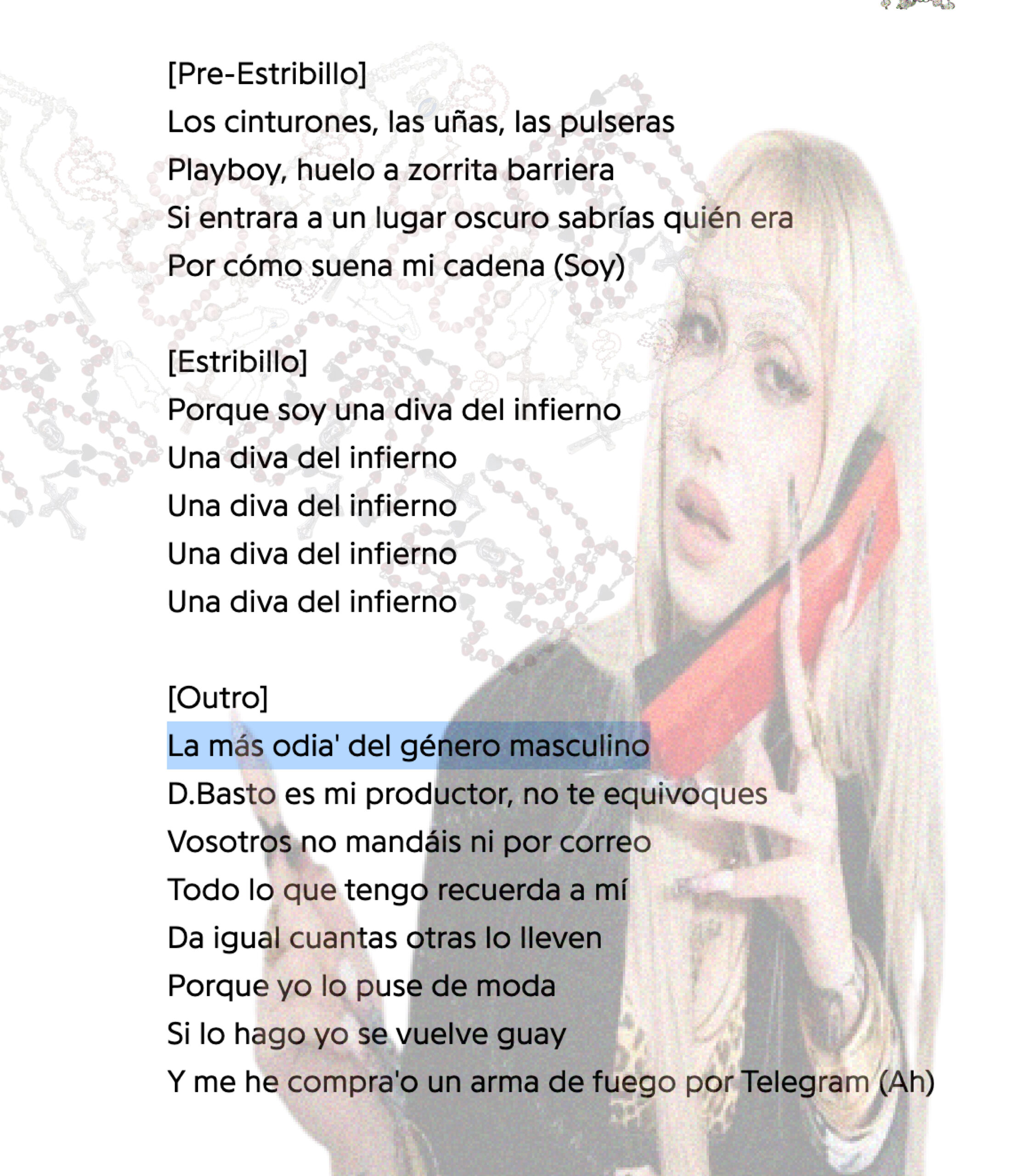 Fragmento de la letra de “Diva del Infierno”, canción del EP Neófita de Métrika